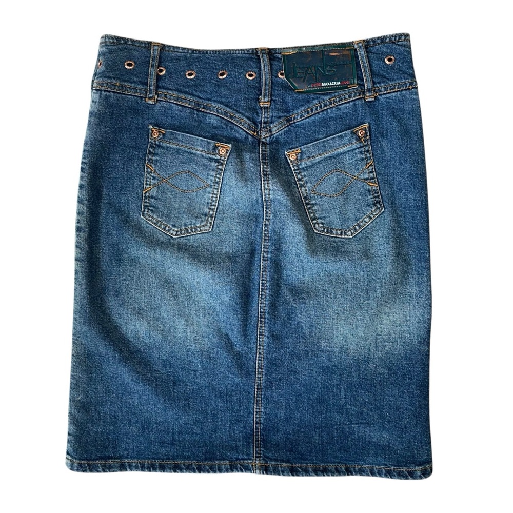 Vintage Y2K BCBG Faded Medium Wash Denim Bronze Grommet Trim Skirt Size 6 - Picture 4 of 7